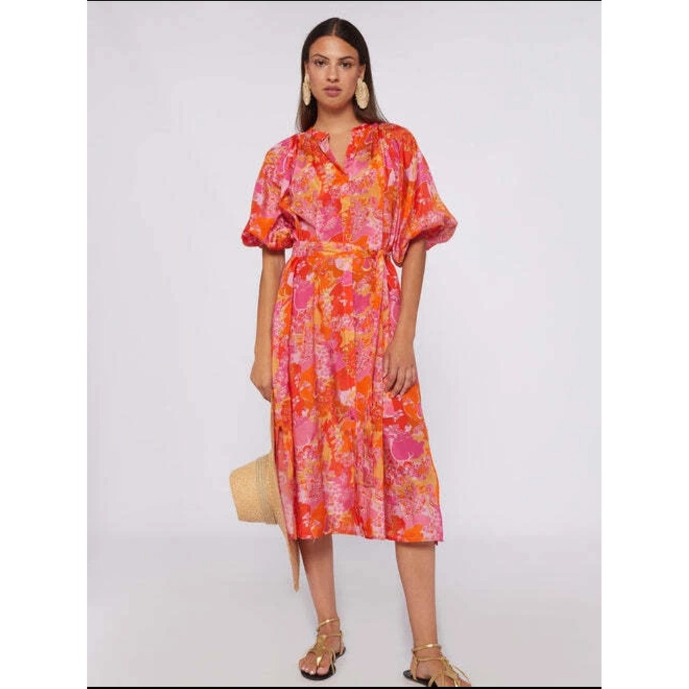 Vilagallo Claudette Pink Orange Blossom Floral Puff Sleeve Midi Dress Size 36